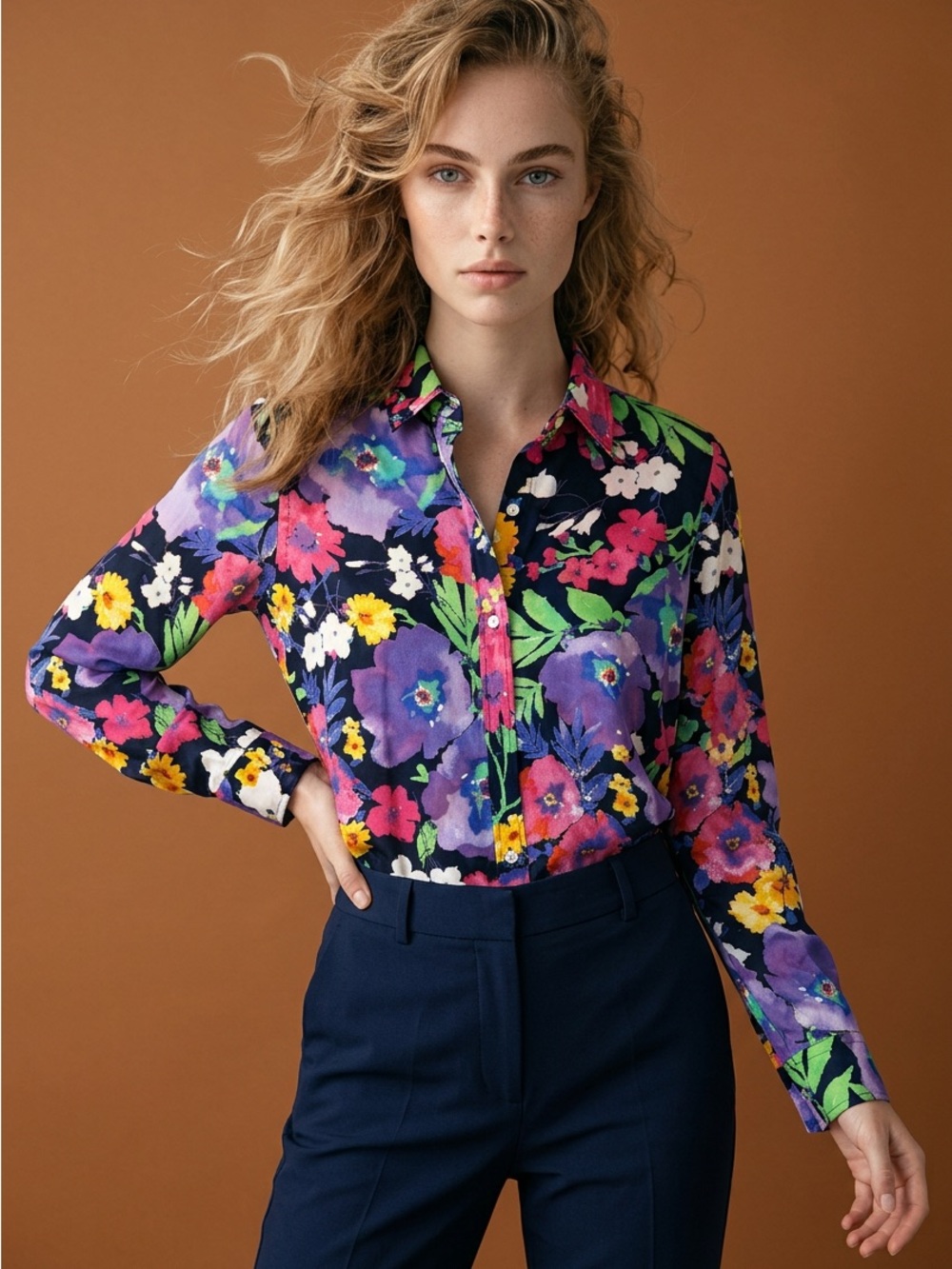 Ralph Lauren Girls' Floral Button-Up Shirt - Black Multi
